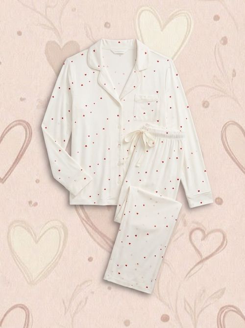 Women's Pajama Set, Ivory Multi Hearts