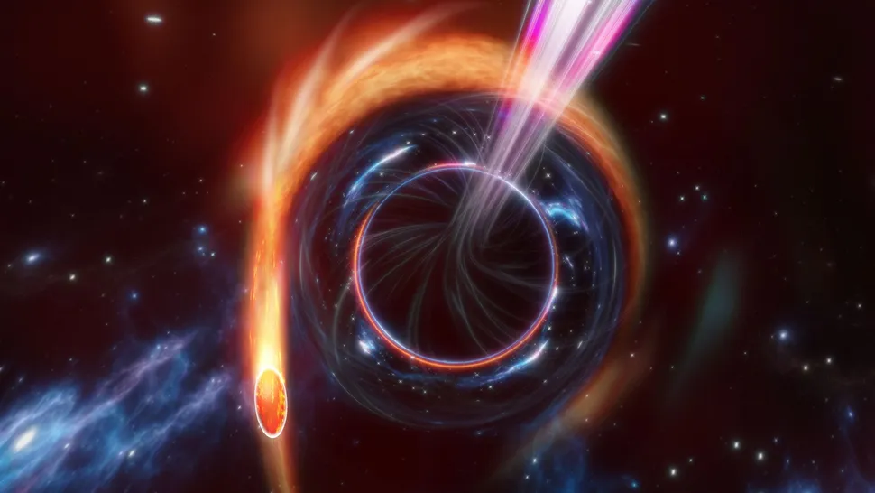 Representación artística de un agujero negro supermasivo expulsando un chorro de "sobras" mientras devora una estrella. (Crédito de la imagen: Carl Knox - OzGrav, ARC Centre of Excellence for Gravitational Wave Discovery, Swinburne University of Technology)