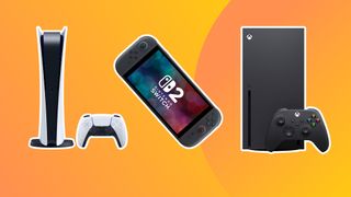 Three of the best games consoles on a yellow and orange gradient background