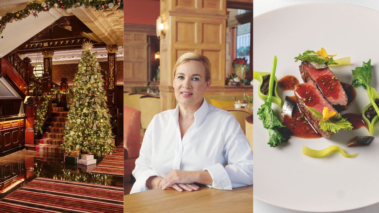 Head chef Hélène Darroze smiles beside a Christmas tree in the lobby of The connaught Hotel in london, and a Michelin-starred plate of food