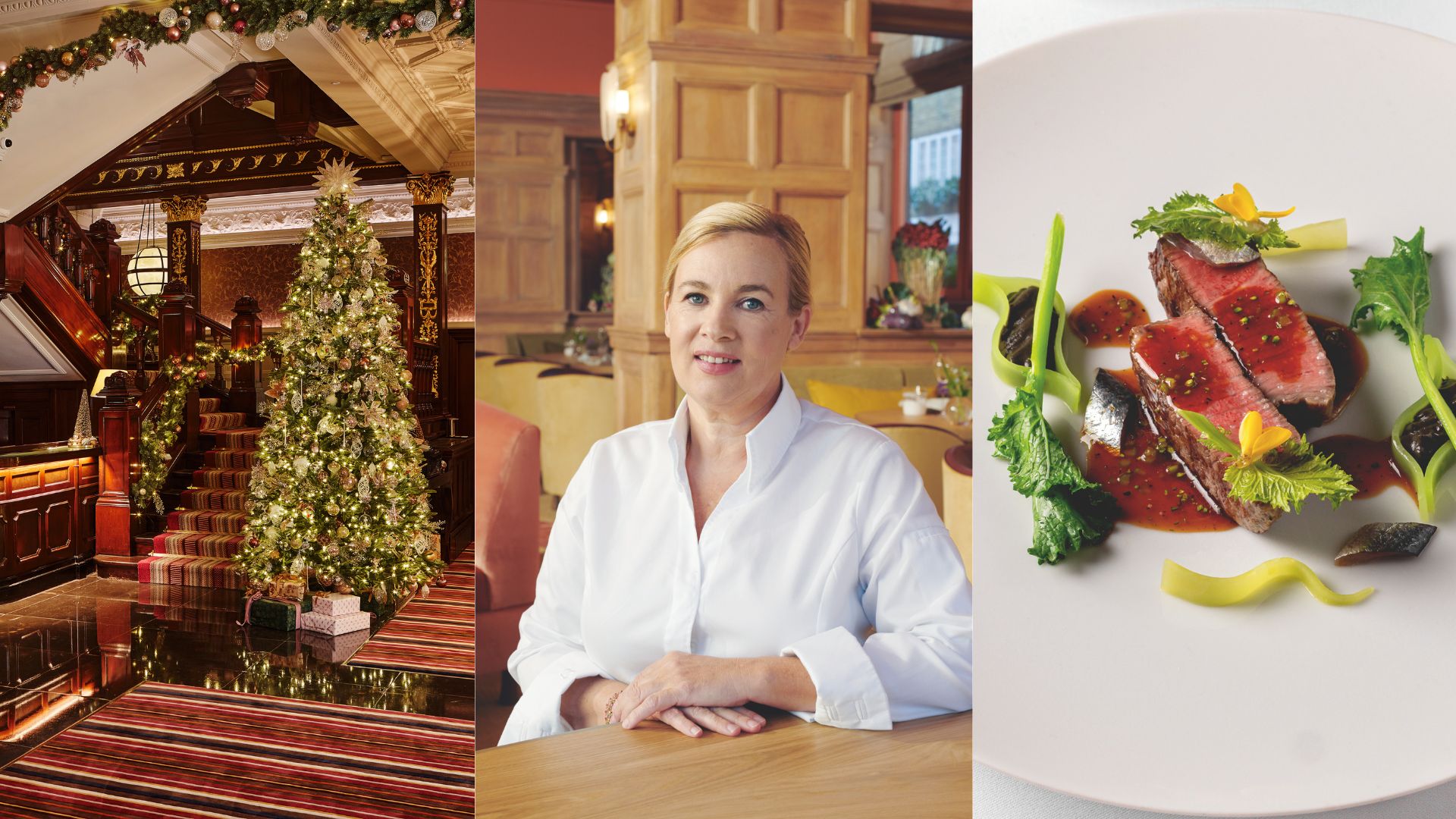 Head chef Hélène Darroze smiles beside a Christmas tree in the lobby of The connaught Hotel in london, and a Michelin-starred plate of food