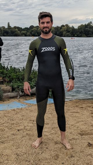 Author wearing Zoggs Predator Pro wetsuit