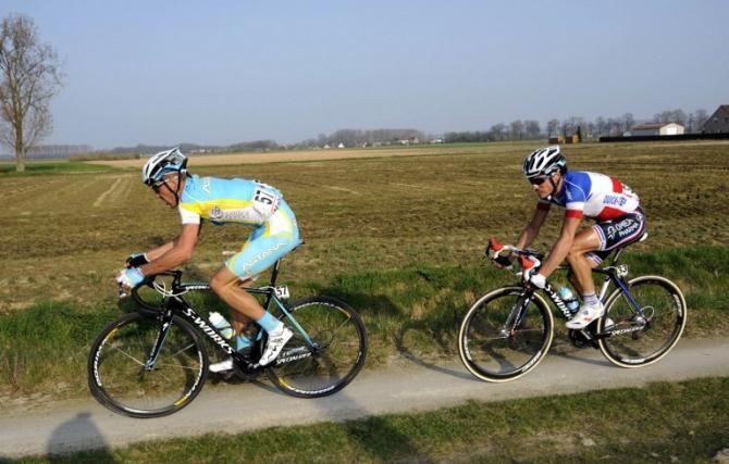 Sylvain Chavanel was Omega Pharma-QuickStep go to guy on numerous occasions in the spring. Here he tracks Dimitriy Muravyev (Astana) at E3 Harelbeke.