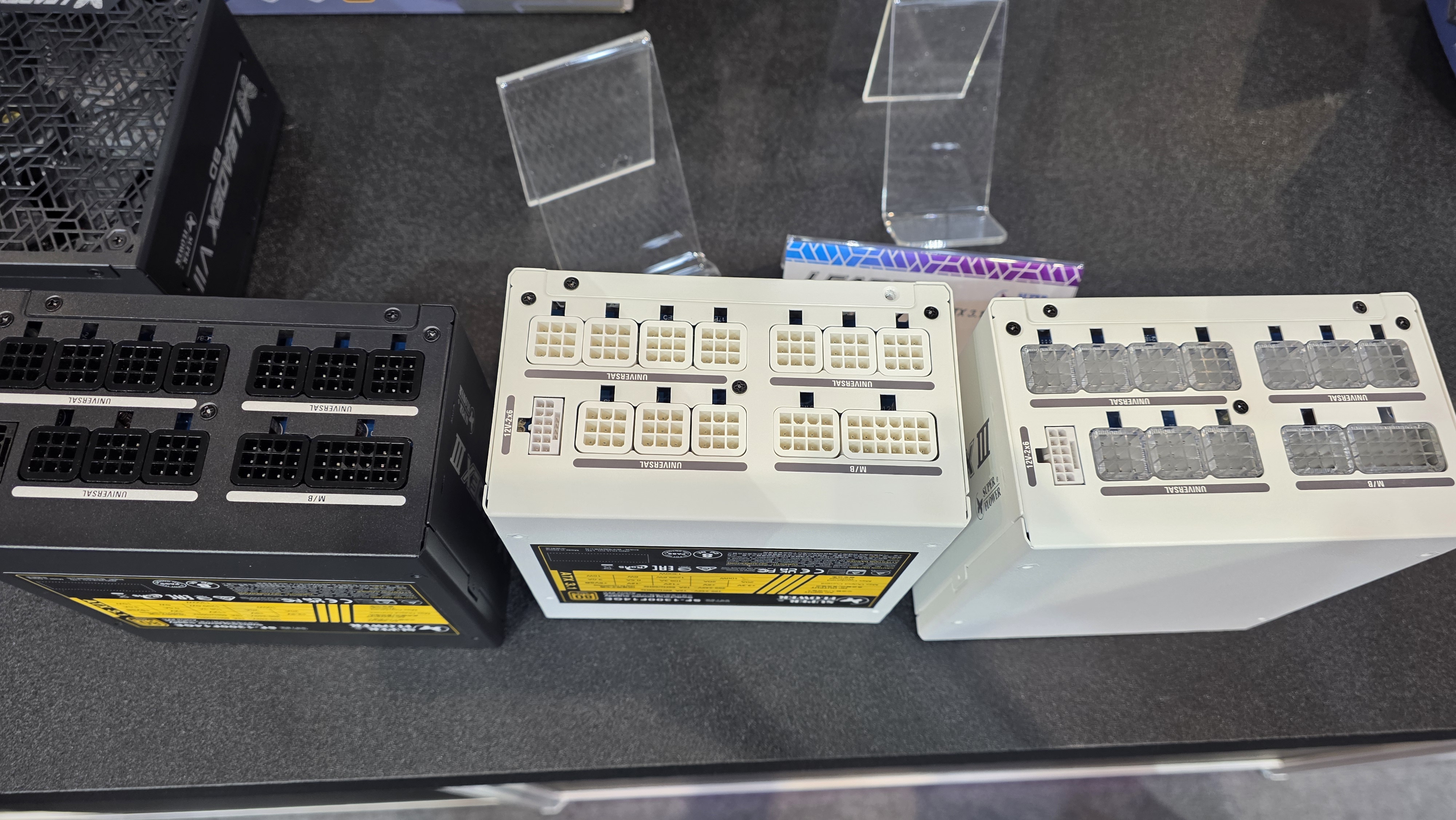 Super Flower Leadex PSUs, note the proprietary 9-pin universal "super connectors"