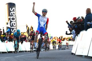 MONCHIQUE PORTUGAL FEBRUARY 17 David Gaudu of France and Team Groupama FDJ celebrates at finish line as stage winner during the 48th Volta Ao Algarve 2022 Stage 2 a 1824km stage from Albufeira to Alto Da Foia Monchique 890m VAlgarve2022 on February 17 2022 in Monchique Portugal Photo by Luc ClaessenGetty Images