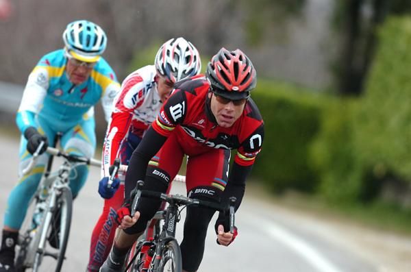 Cadel Evans ( BMC) leads the three-man breakaway