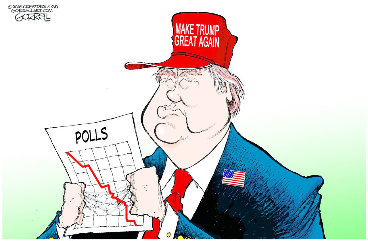 Political cartoon U.S. Trump hat slogan polls