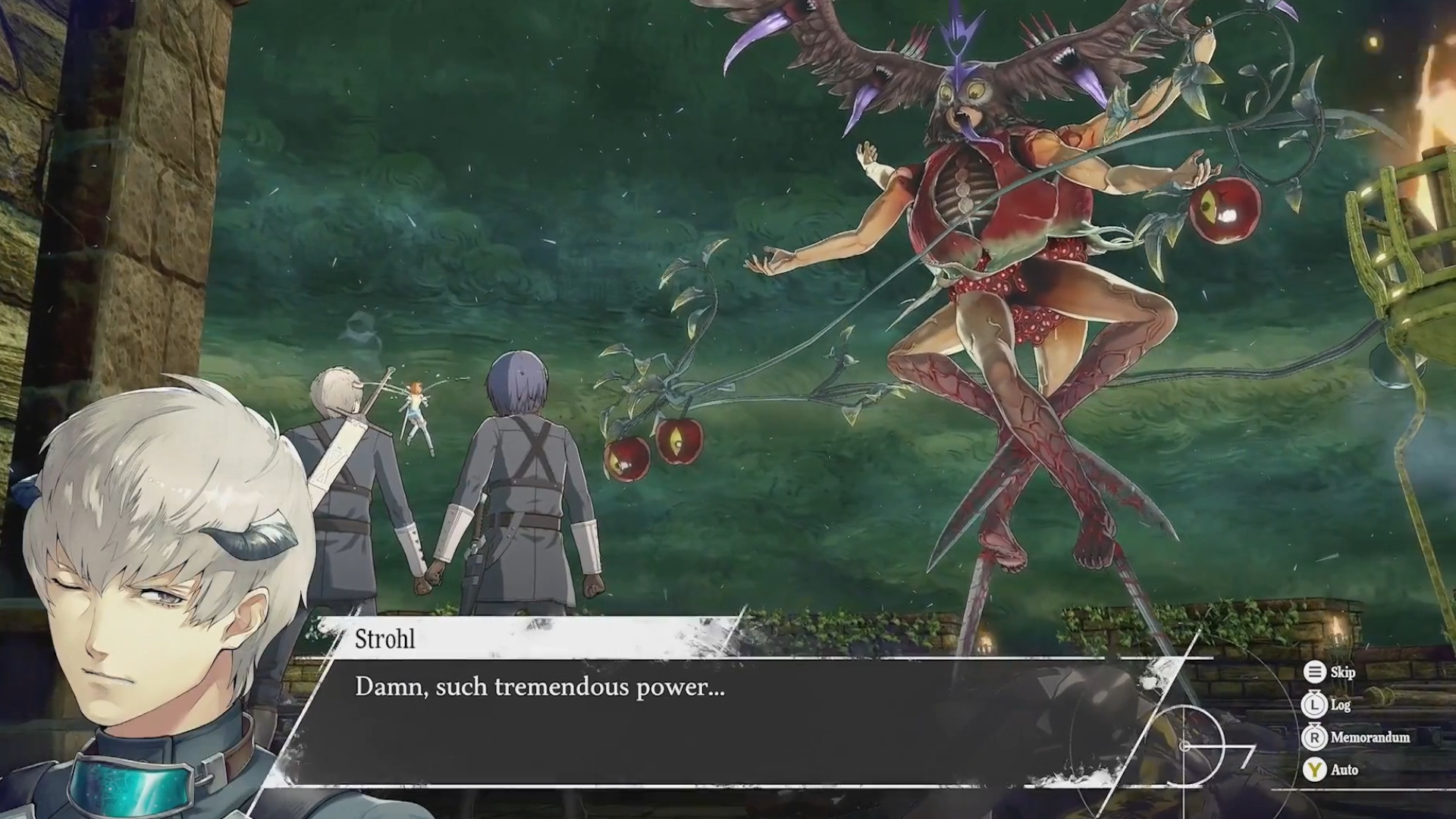 The hero and Strohl facing a massive demon together during the RPG Metaphor: ReFantazio