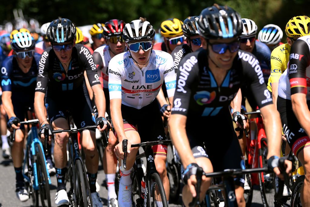 Tadej Pogacar in the best young rider's white jersey