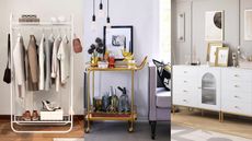 A collage from a trio of the best furniture stores, including a clothing rail, bar cart and drawers