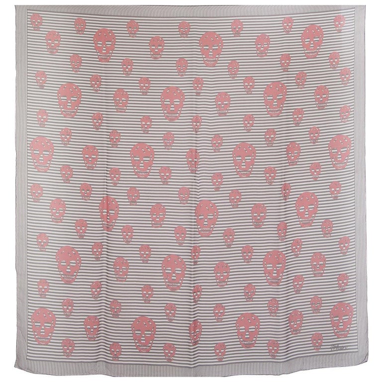 Alexander Mcqueen Black &amp;amp; White Silk Chiffon Striped Red Skull Scarf