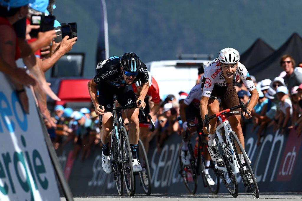 MOOSALP SWITZERLAND JUNE 17 LR Stage winner Nico Denz of Germany and Team DSM and Clment Champoussin of France and AG2R Citren Team sprint at finish line during the 85th Tour de Suisse 2022 Stage 6 a 1775km stage from Locarno to Moosalp 2048m ourdesuisse2022 WorldTour on June 17 2022 in Moosalp Switzerland Photo by Tim de WaeleGetty Images