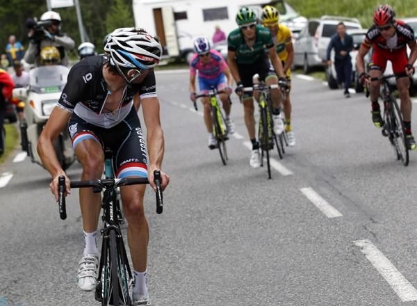 Fr&auml;nk Schleck (Leopard Trek) launches an attack and looks back at the damage.