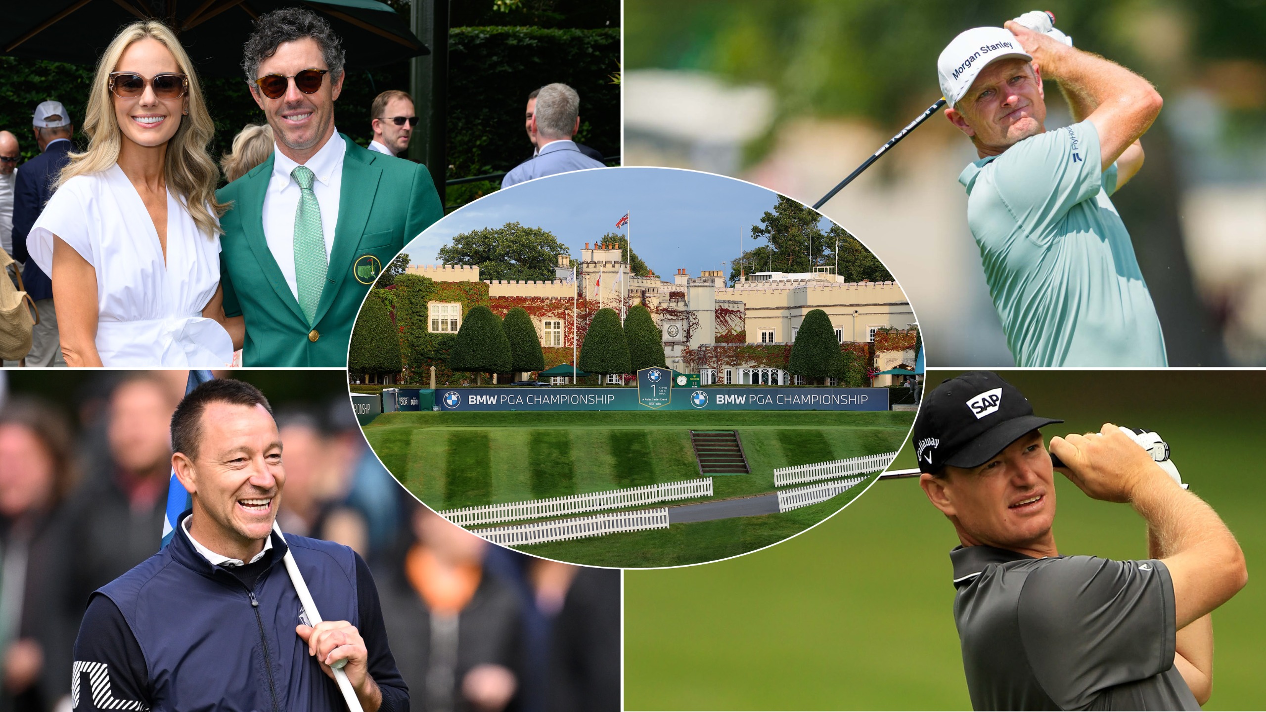Rory and Erica McIlroy, Justin Rose, John Terry and Ernie Els with the Wentworth clubhouse centered