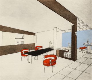 A sketch drawing of a dining room. A black table surrounded by 3 red chairs.