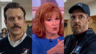 From left to right: A press image of Jason Sudeikis as Ted, a screenshot of Joy Behar on The View and a press image of Brendan Hunt as Coach Beard on Ted Lasso.