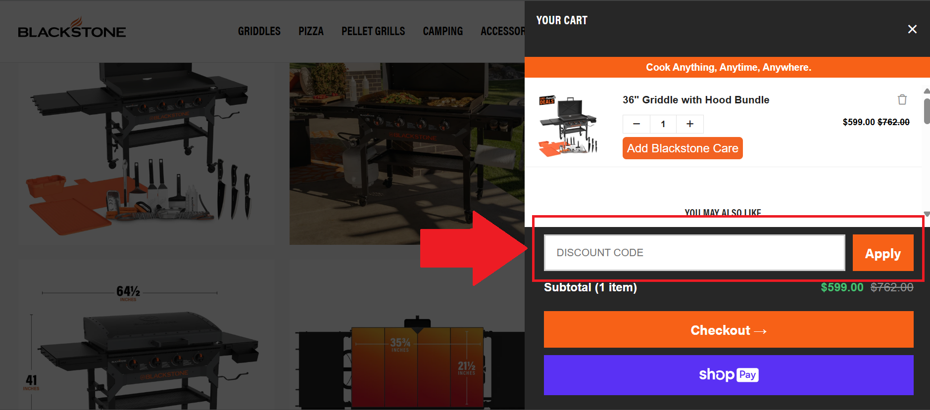A screenshot of the Blackstone basket showing where to enter your Blackstone promo code