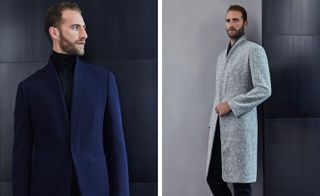 A male model wearing two looks from Kilgour's collection. The first look features a black turtle neck jumper and dark blue jacket. And the second look features a grey coat and dark trousers