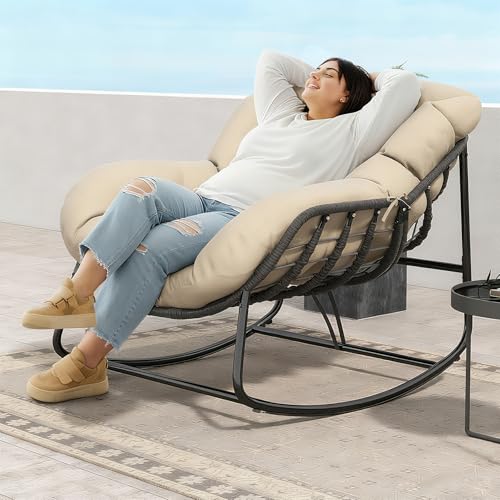 Fancyango Oversized Egg Rocking Chair for Indoor/outdoor &amp;ndash; All-Weather Wicker Rattan Lounge Chair With Cushion, Patio Rocker for Porch, Garden, or Balcony (beige, 37''dx37.4''wx31.5''h)
