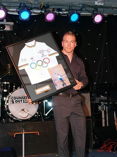 Olympic Champion Chris Hoy displays a jersey up for action.