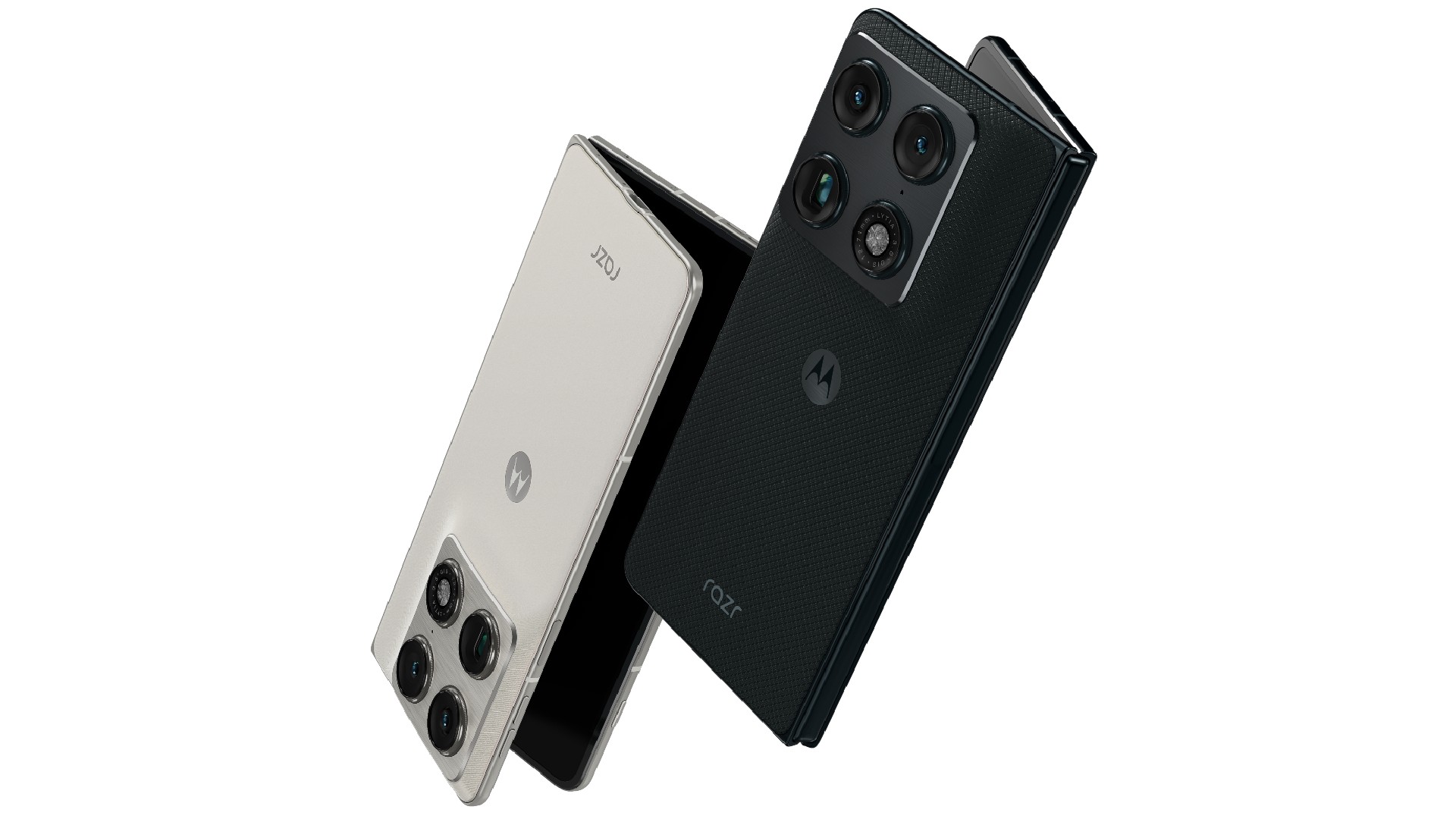 Two Motorola Razr folding phones, one white and one black, angled diagonally against a white background to showcase their textured rear finishes and the iconic Motorola "M" logo.