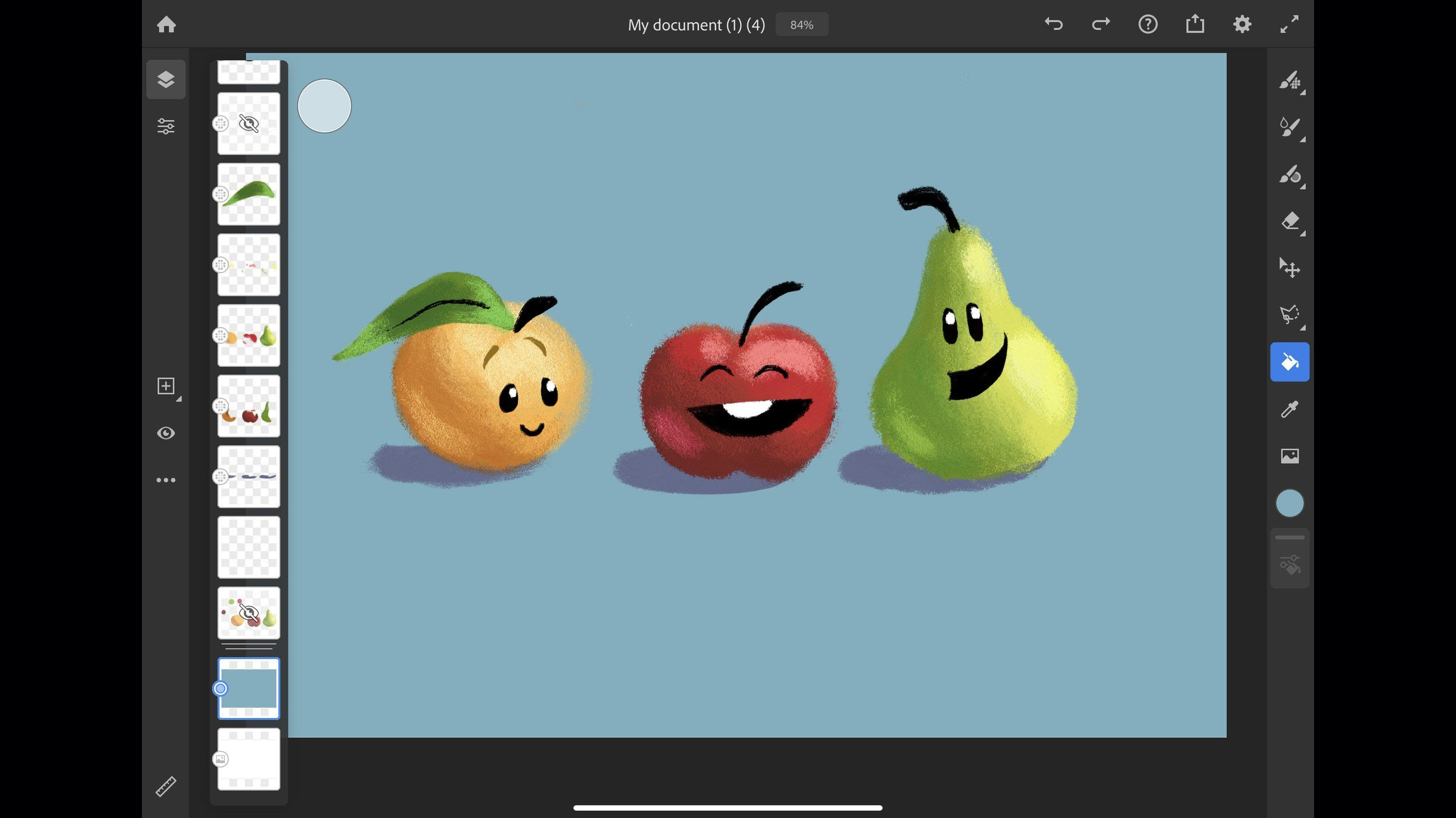 Illustration of fruit characters made in Adobe Fresco.