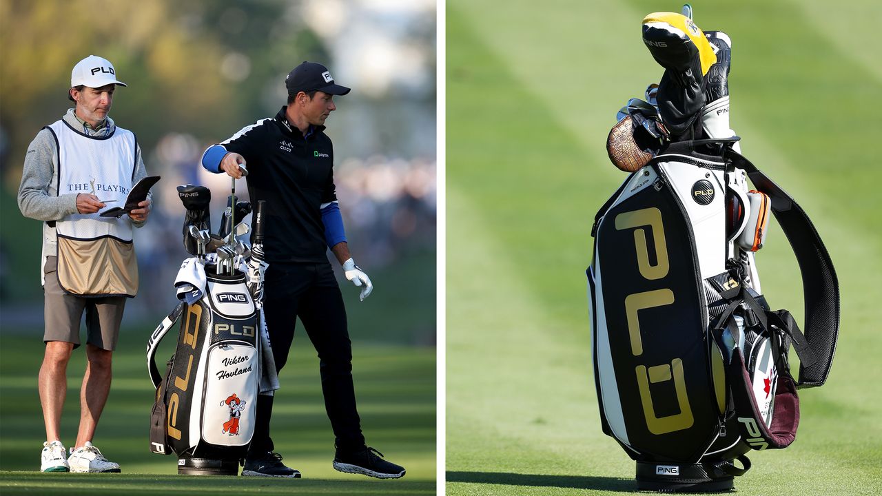 Viktor Hovland and his caddie and a PLD Ping golf bag