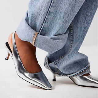silver slingback heels styled with light blue jeans