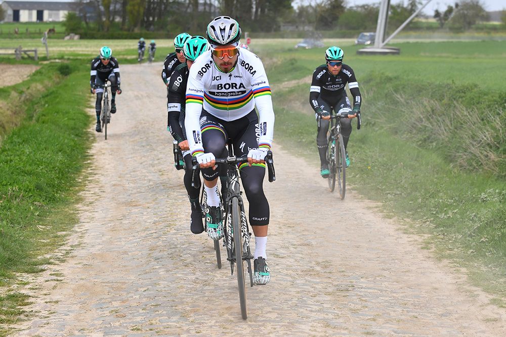Peter Sagan leads his teammates during the pave recon ride