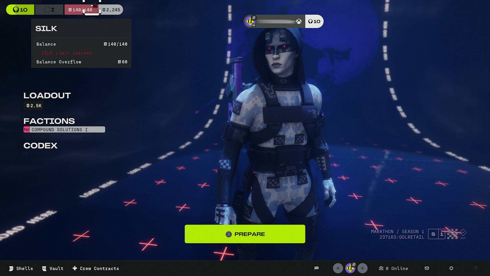 Marathon Silk currency balance shown on main menu