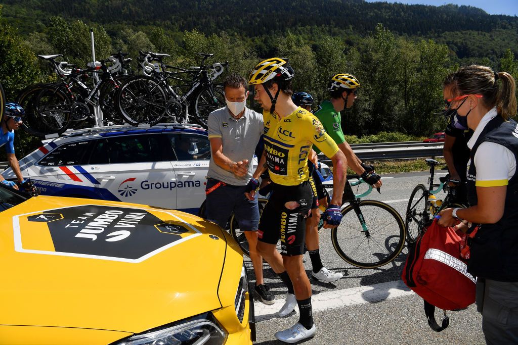 MEGEVE FRANCE AUGUST 15 Primoz Roglic of Slovenia and Team Jumbo Visma Yellow Leader Jersey Doctor Medical Crash Injury during the 72nd Criterium du Dauphine 2020 Stage 4 a 1533km stage from Ugine to Megeve 1458m dauphine Dauphin on August 15 2020 in Megeve France Photo by Justin SetterfieldGetty Images