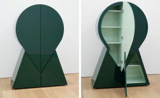 Two images of a cabinet in green by Ryan Preciado, shown open and closed