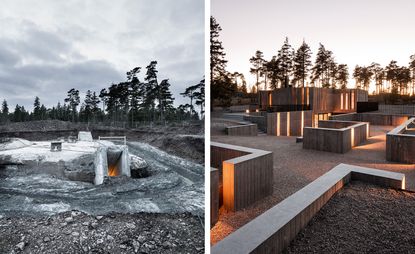 Left, the bunker during excavation being equipped with a modern drainage system. Right, looking across the trench-inspired courtyard to House 2, which caters for guests