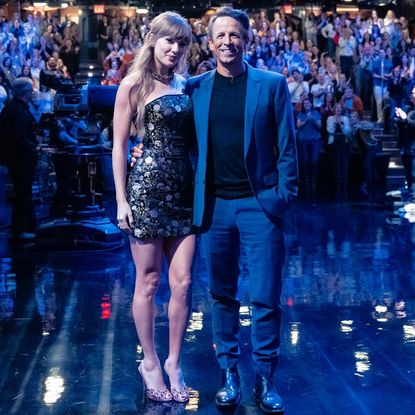 Taylor Swift with Seth Meyers on the set of Late Night With Seth Meyers