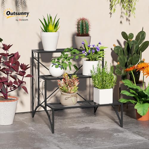 Outsunny 3-Tier Metal Plant Stand, Vintage Ladder Shelf Flower Pot Holder for Indoor Outdoor, Display Shelf Rack for Garden Patio Balcony, Black