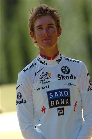 Andy Schleck (Saxo Bank) looks content on the podium in Paris
