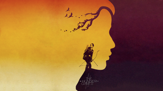 Negative space silhouette of the face of Katniss from the Hunger Games in profile, with a full body silhouette in front