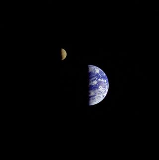 Earth and Moon as seen by the Galileo spacecraft.