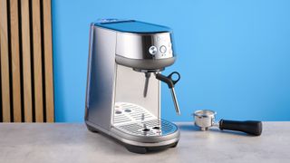 the breville bambino / sage bambino in silver photographed against a blue background with a wooden feature wall, showing the steam wand, group head, water tank, button controls, and espresso