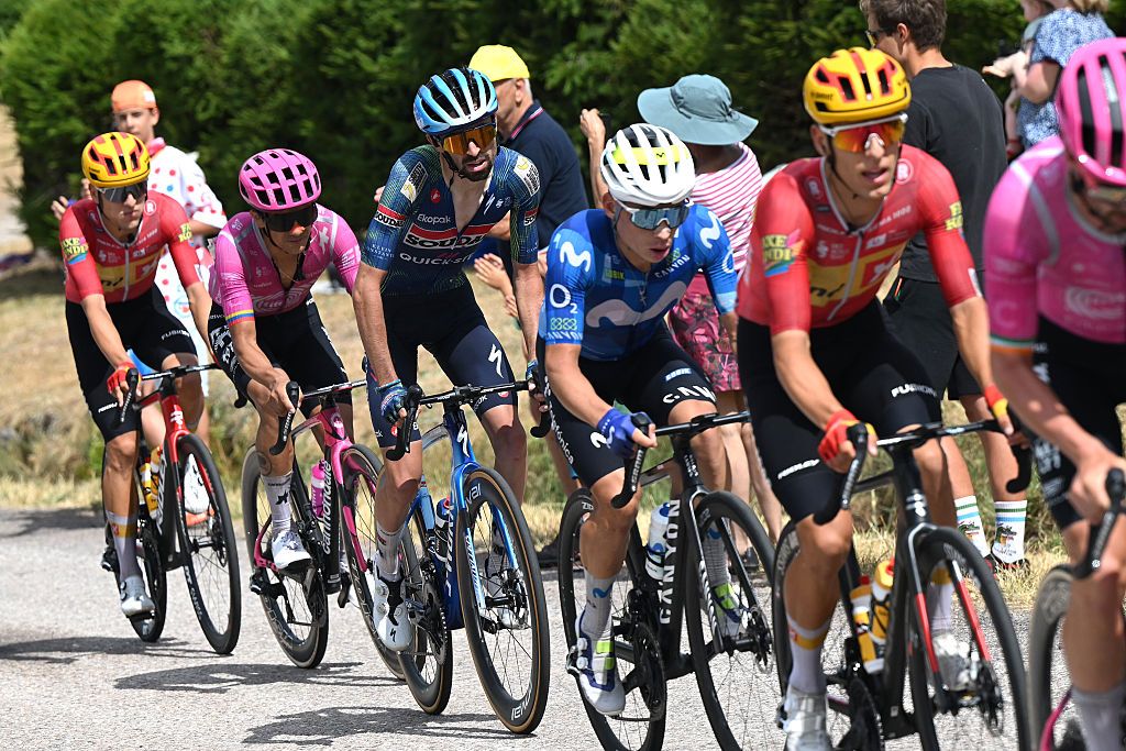 LE MARKSTEIN, FRANCE - JULY 18: (L-R) Richard Carapaz of Ecuador and Team EF Education - EasyPost, Valentin Paret-Peintre of France and Team Soudal Quick-Step compete in the chase group during the 113th Tour de France 2026 - Stage 14 a 155.3km a 155.3km stage from Mulhouse to Le Markstein 1189m / #UCIWT / on July 18, 2026 in Le Markstein, France. (Photo by Dario Belingheri/Getty Images)