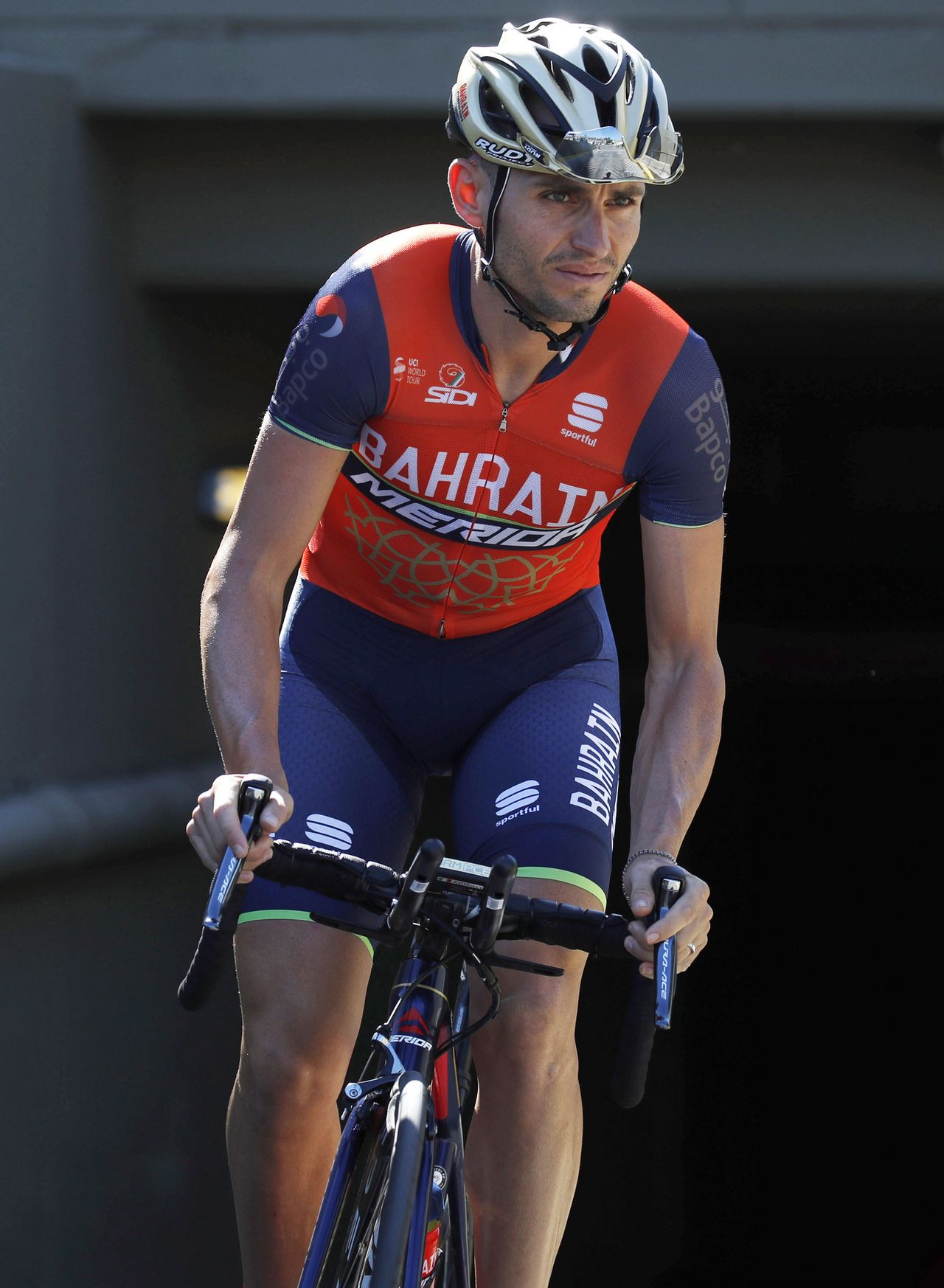 Valerio Agnoli prepping for his first race in Bahrain-Merida kit