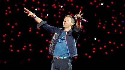 Chris Martin of Coldplay performs on a stop of the band's Music of the Spheres world tour at Allegiant Stadium on June 06, 2025 in Las Vegas, Nevada