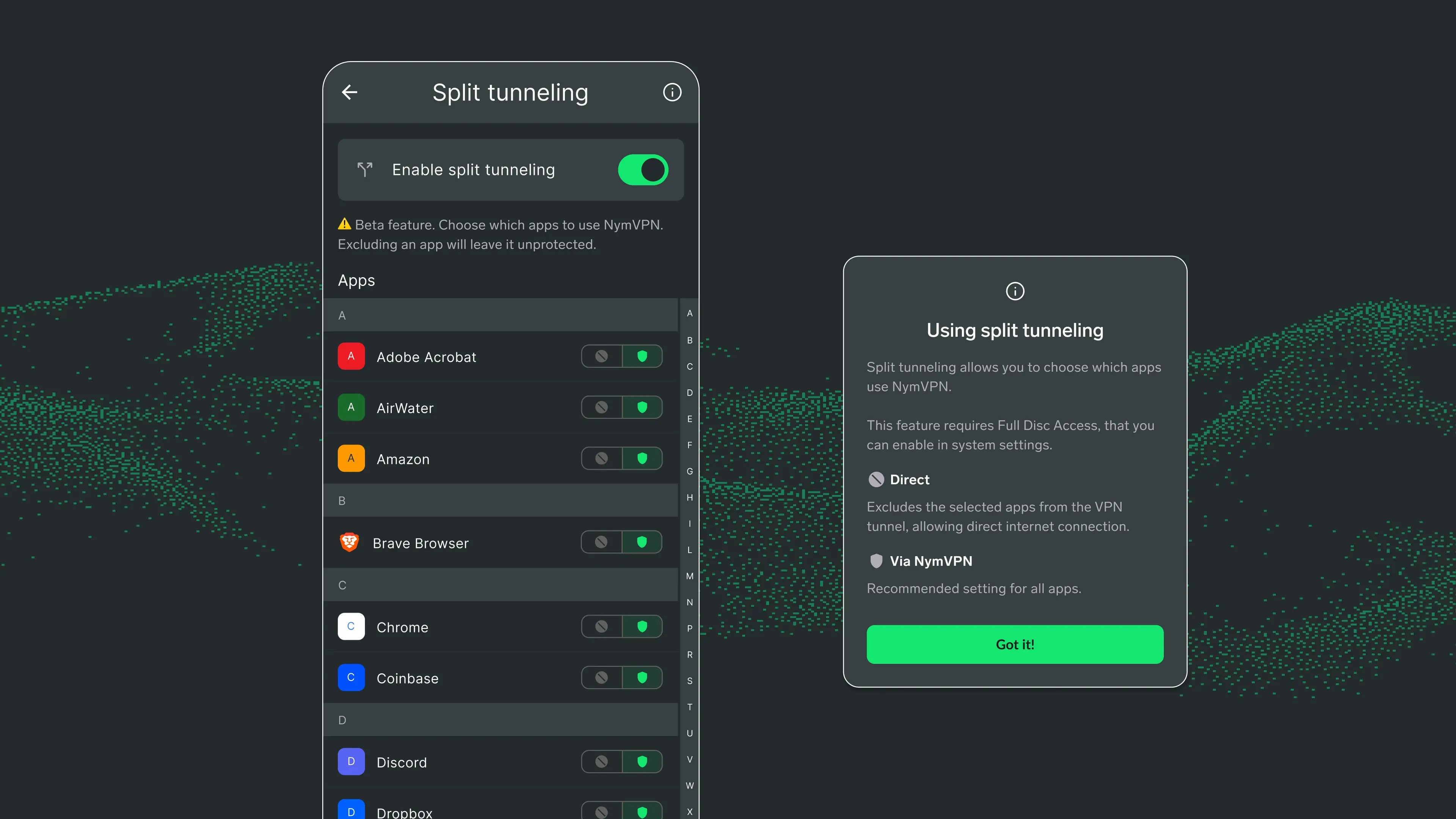 NymVPN's split tunneling settings on Windows