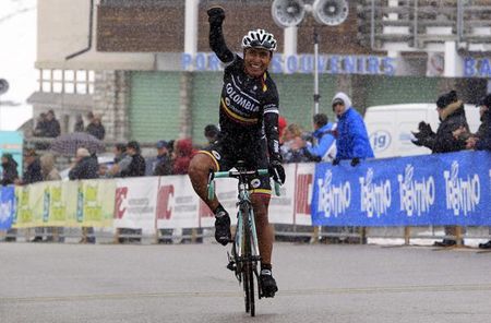 Darwin Atapuma (Colombia Coldeportes) wins the final stage of the Giro del Trentino in the snow atop the Passo Pordoi.