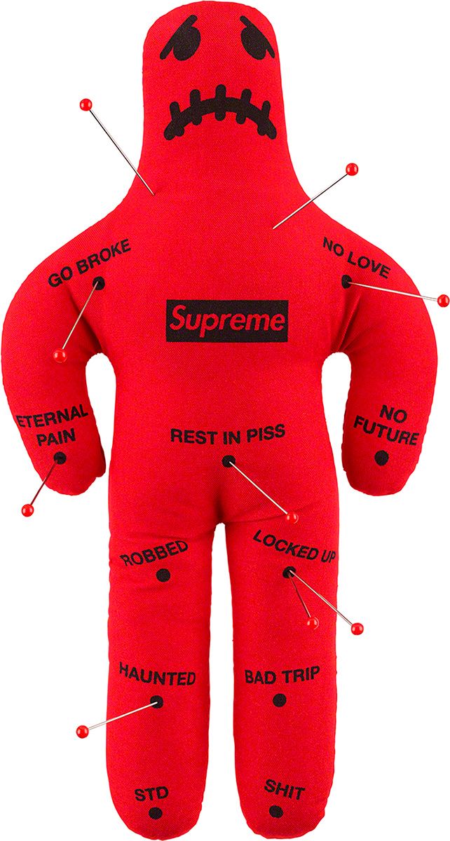 A Supreme-branded voodoo doll.