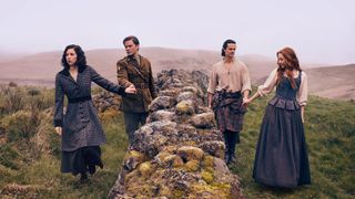 (From L to R): Harriet Slater as Ellen Mackenzie, Jamie Roy as Brian Fraser, Hermione Corfield as Julia Moriston, and Jeremy Irvine as Henry Beauchamp in Outlander: Blood of My Blood