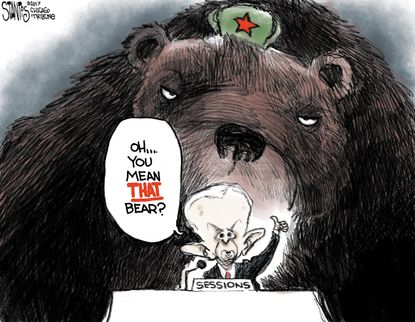 Political Cartoon U.S. Jeff Sessions Russia bear ambassador meeting