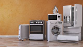 A mix of appliances including a washer, stove, and more