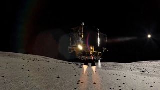 a small spacecraft hovers just above the surface of the moon, with the blackness of space in the background.