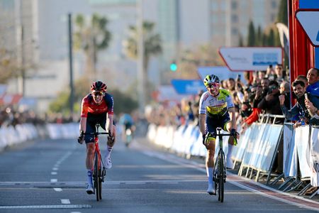 VALENCIA, SPAIN - FEBRUARY 05: Rui Costa of Portugal and Team Intermarche&acirc; &acirc; Circus &acirc; Wanty (R) celebrates at finish line as race winner ahead of Thymen Arensman of The Netherlands and Team INEOS Grenadiers (L) during the 74th Volta a la Comunitat Valenciana 2023, Stage 5 a 93.2km stage from Paterna to Valencia on February 05, 2023 in Valencia, Spain. (Photo by Dario Belingheri/Getty Images)
